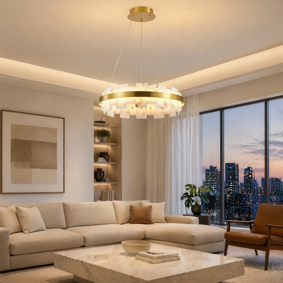 Round alabaster-look pendant lit above a living room with city views