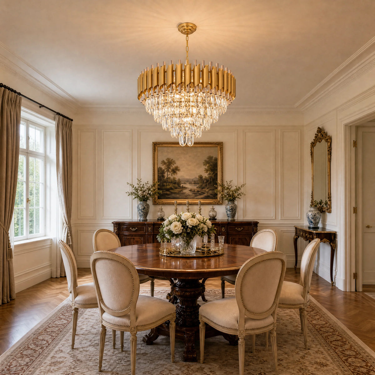 Gold raindrop crystal chandelier over a dining table