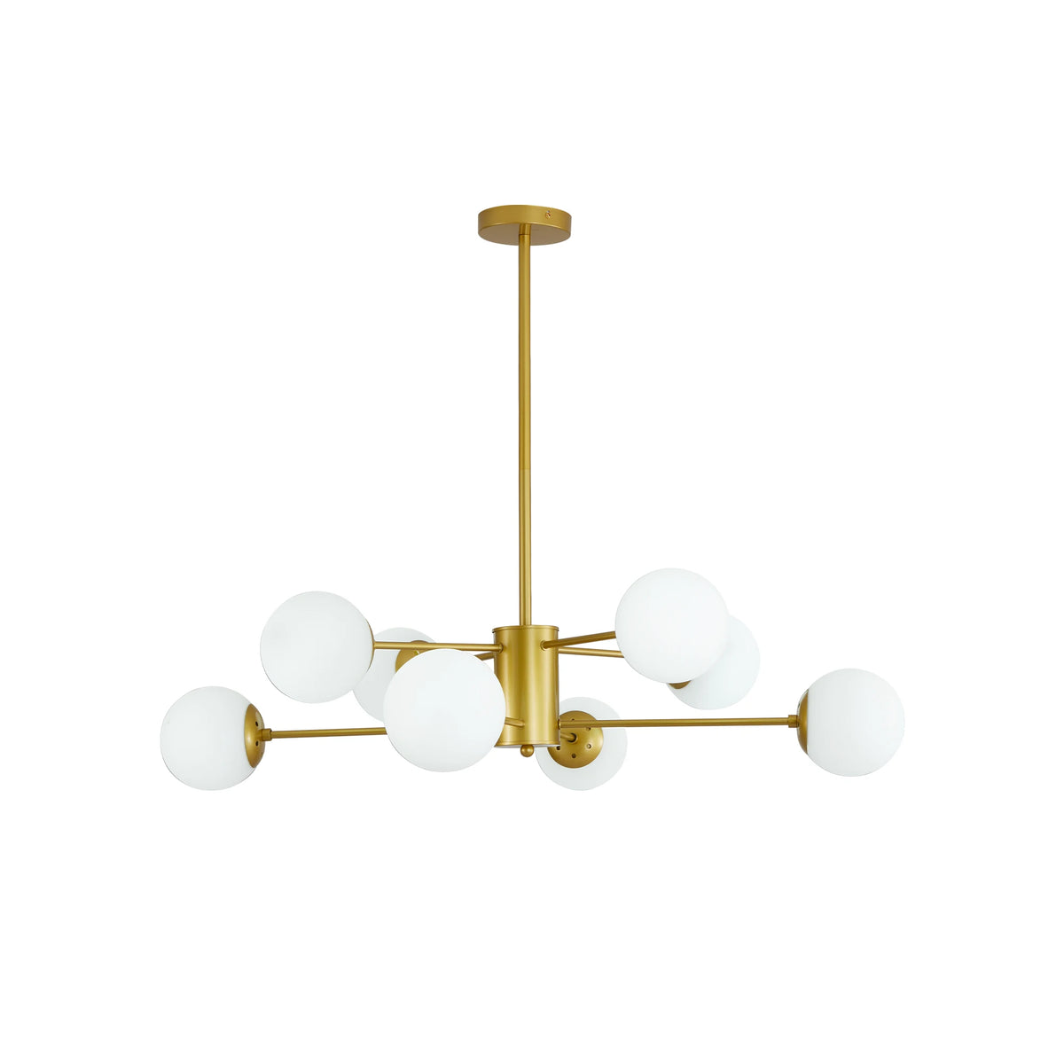 Eight-light gold chandelier with white globes on a white background