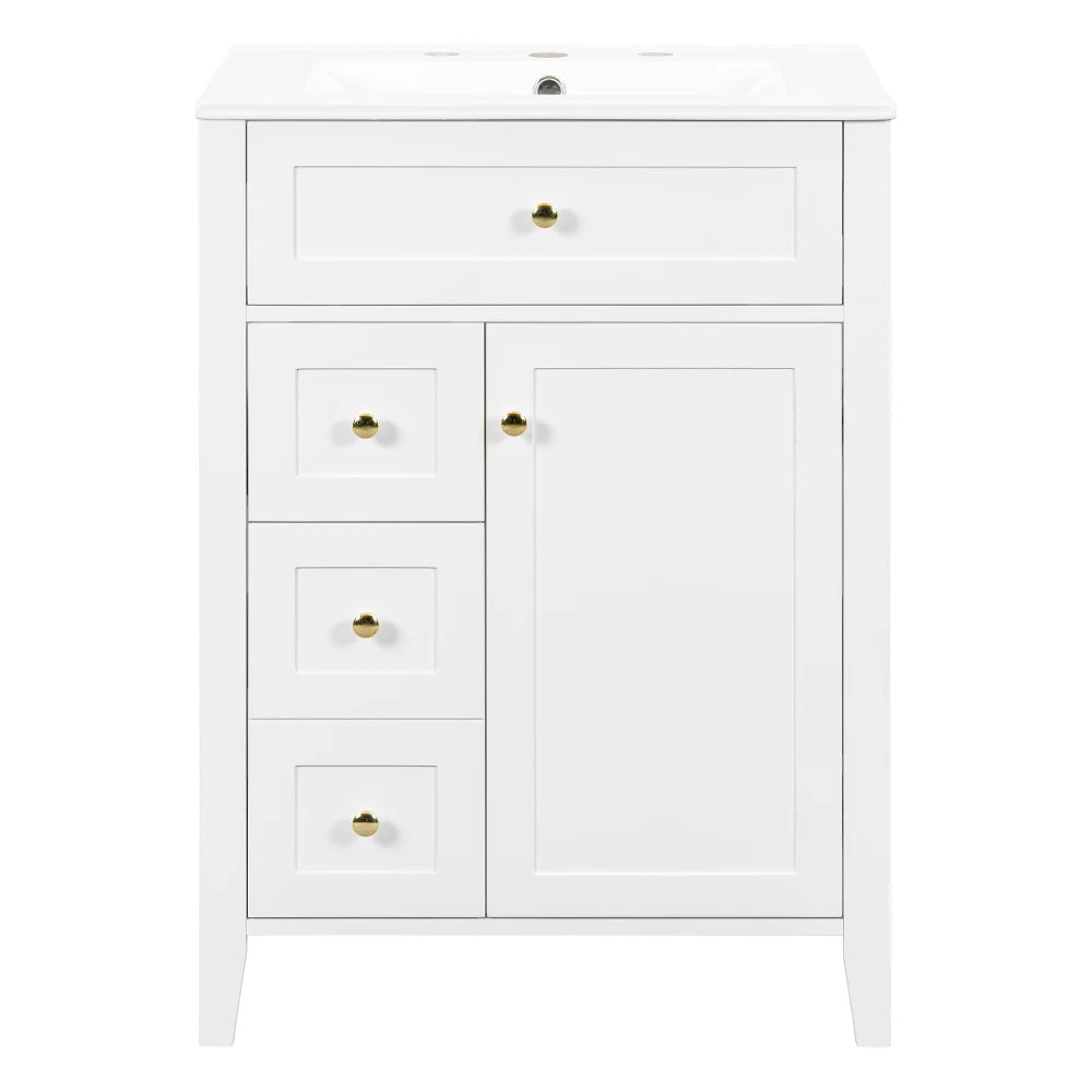 White 24 in bathroom vanity with gold hardware and ceramic sink