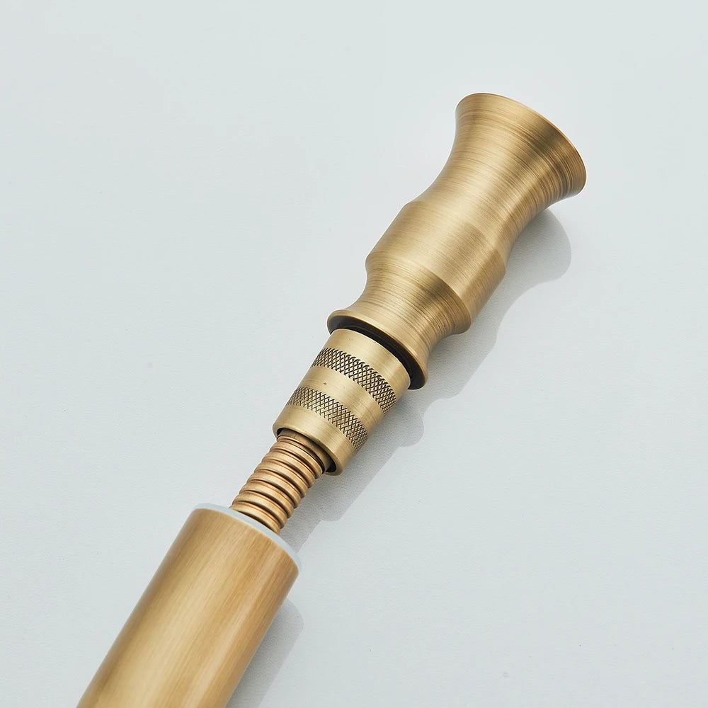 Close-up of the antique brass pull-out sprayer head detached from the spout on its hose