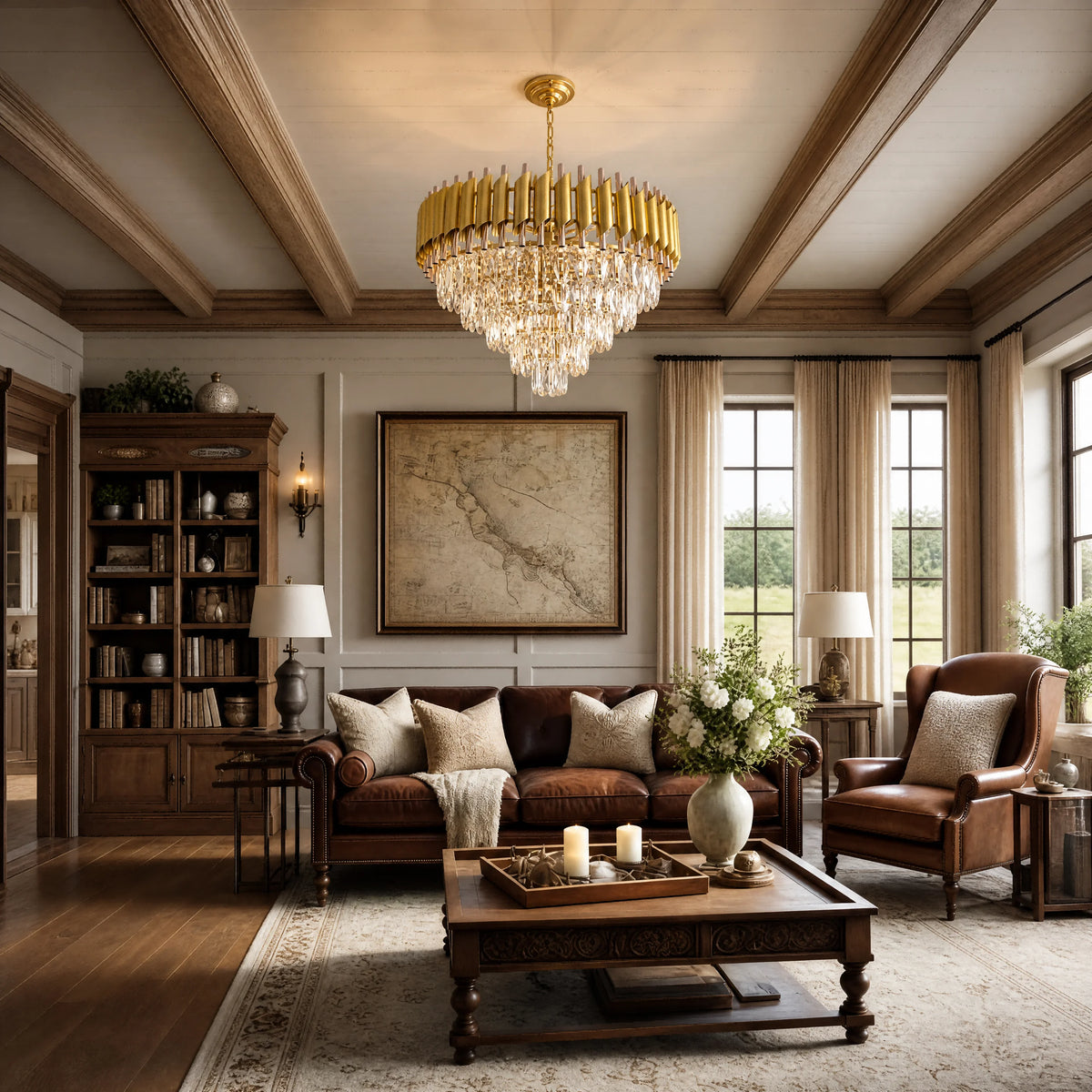 Gold crystal chandelier in a traditional dining room