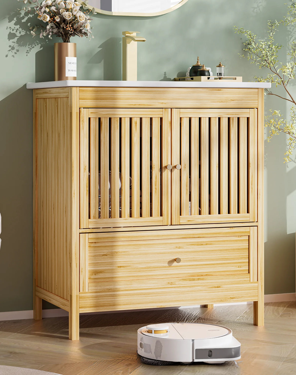 Natural bamboo bathroom vanity with slatted doors and a white ceramic sink