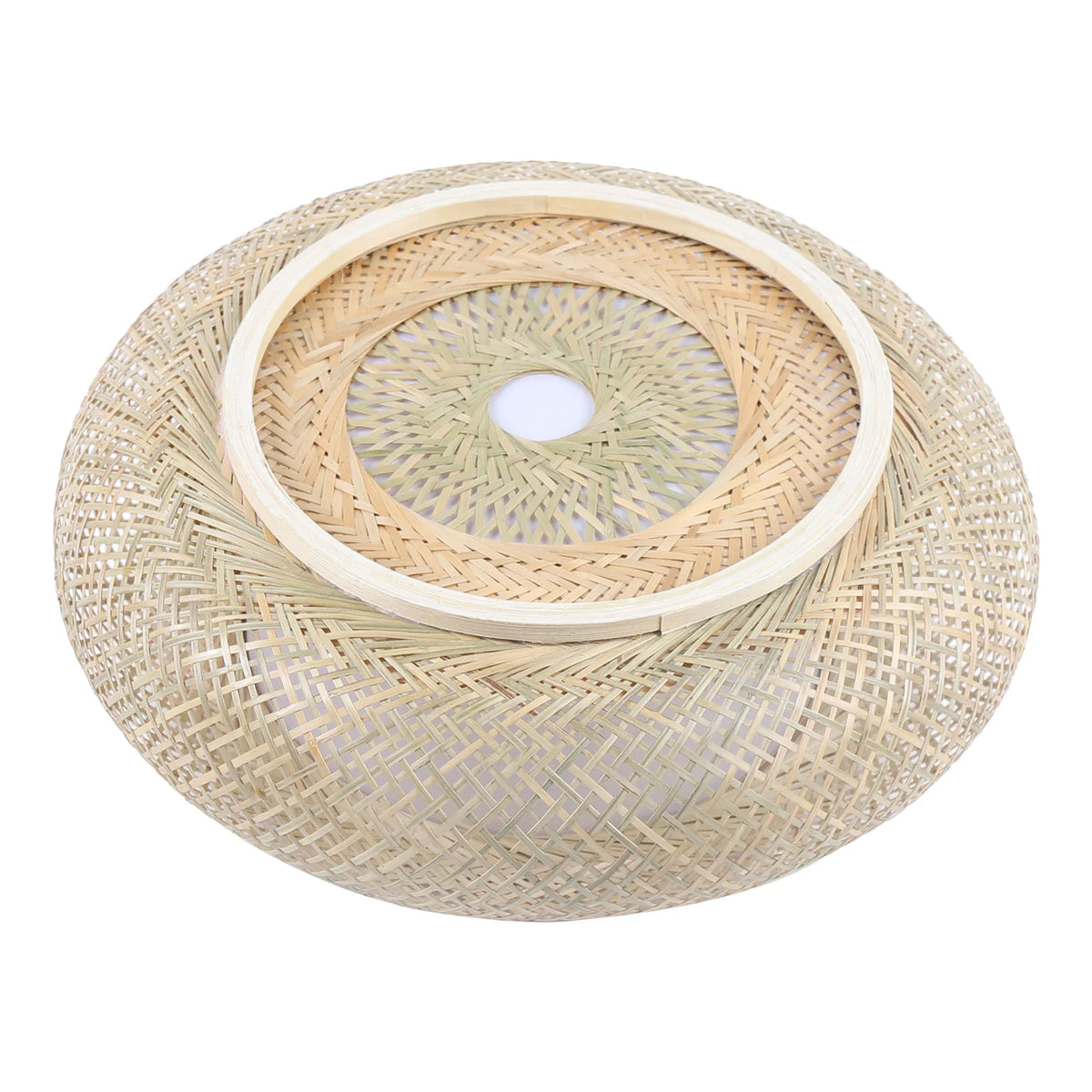 Woven bamboo drum ceiling light on a white background