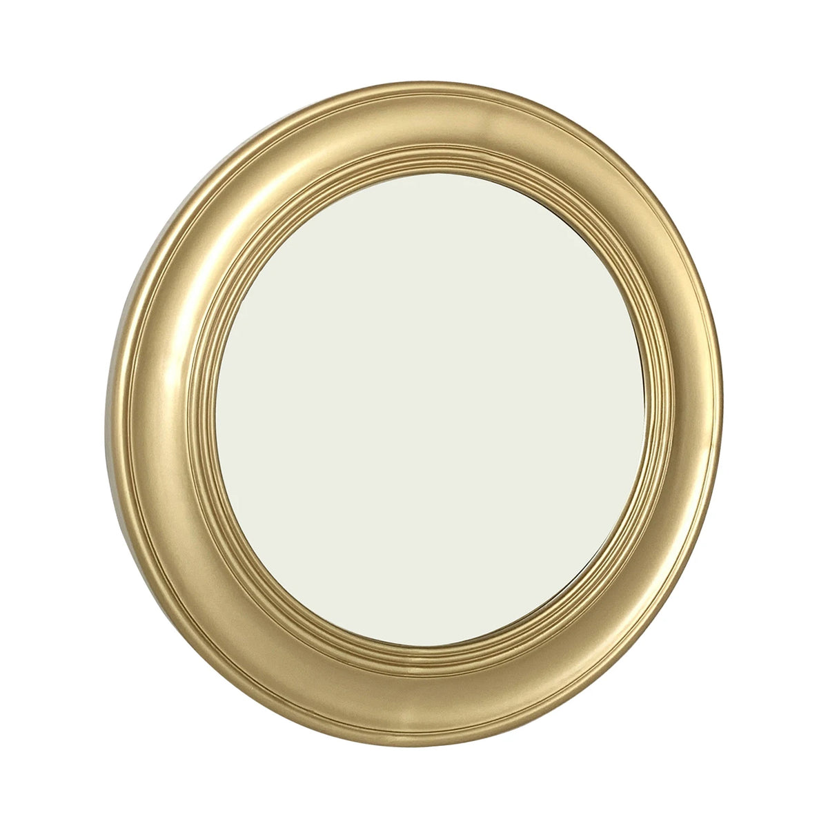 Brushed gold round wall mirror, angled view