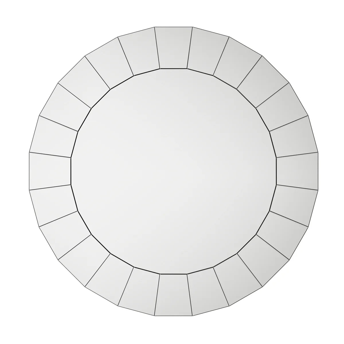 Front view of the Venetian-style round mirror showing its segmented beveled glass border