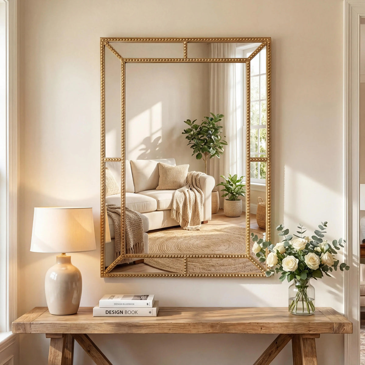 Gold beaded rectangular mirror styled above a mantel