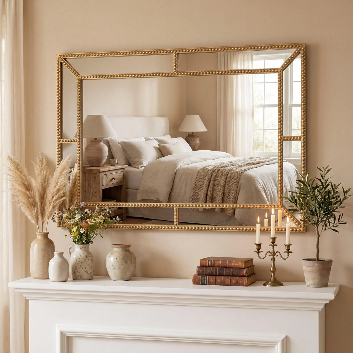 Gold beaded mirror above a console in a living room
