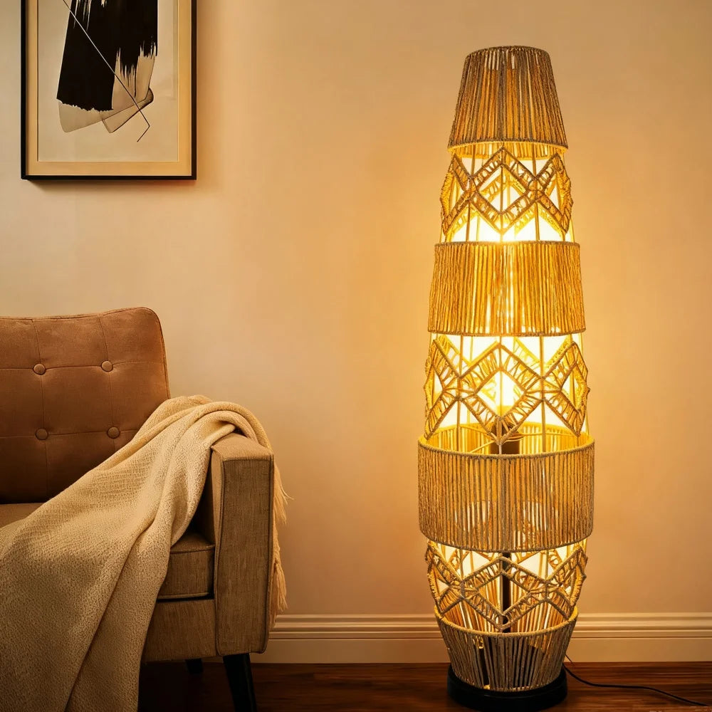 Woven rattan floor lamp lit in a cozy room corner