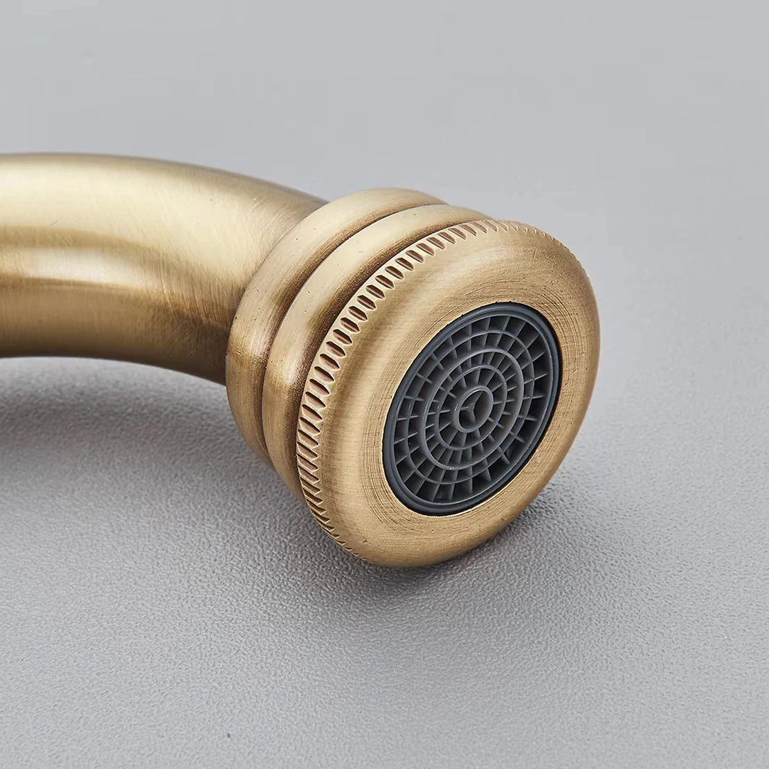 Close-up of the antique brass swivel spout aerator