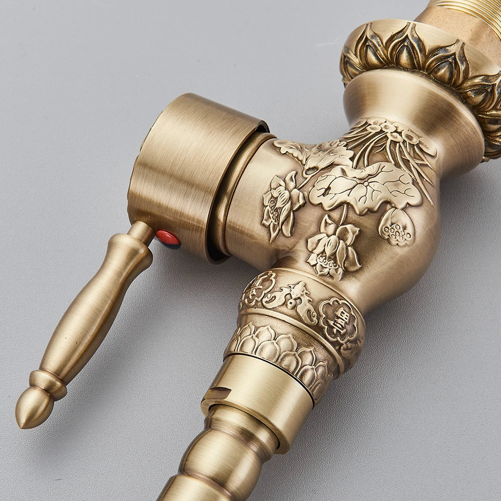 Carved antique brass faucet body, detail