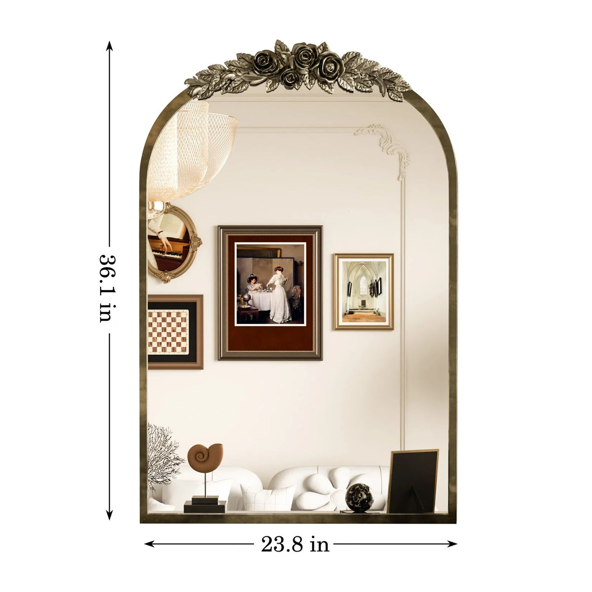 Antique brass baroque arched mirror, front view