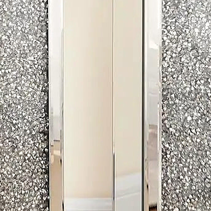 Close-up of the shimmering crushed-crystal inlay framed by bevelled mirror panels
