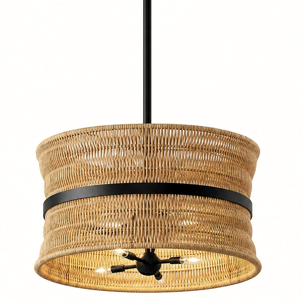 Close-up of the woven rattan shade and matte black center band