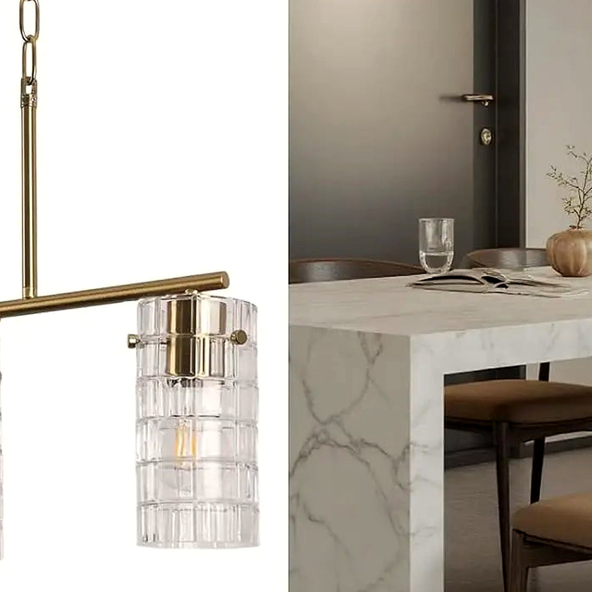 Close-up of the clear textured glass shades on the brass linear pendant