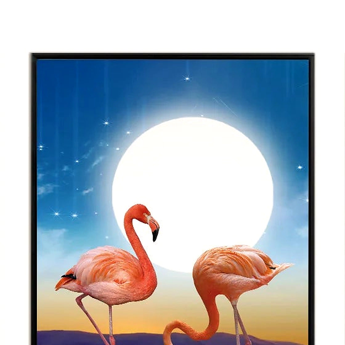 Close-up of pink flamingos beneath a glowing moon on the center seascape panel