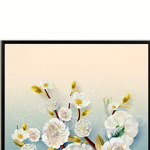 Close-up of white blossoms and a brown branch on the center panel against a cream-to-teal damask ground