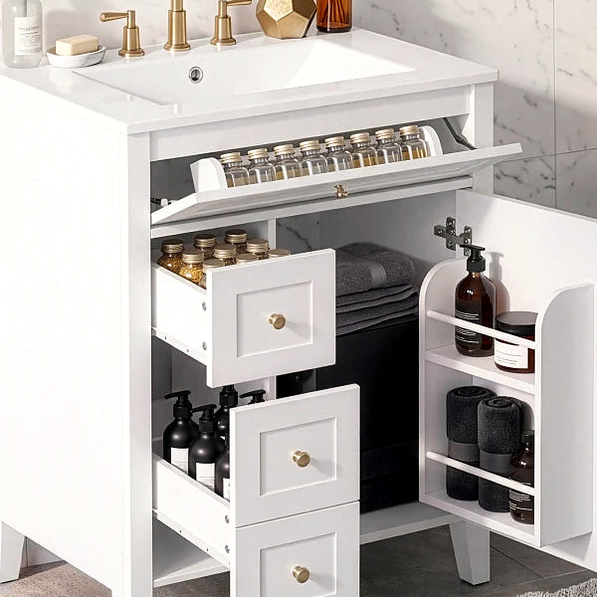 Detail of the open drawers and tip-out tray storage