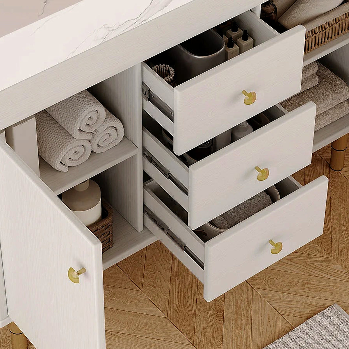 Close-up of the open drawer and cabinet storage inside the vanity