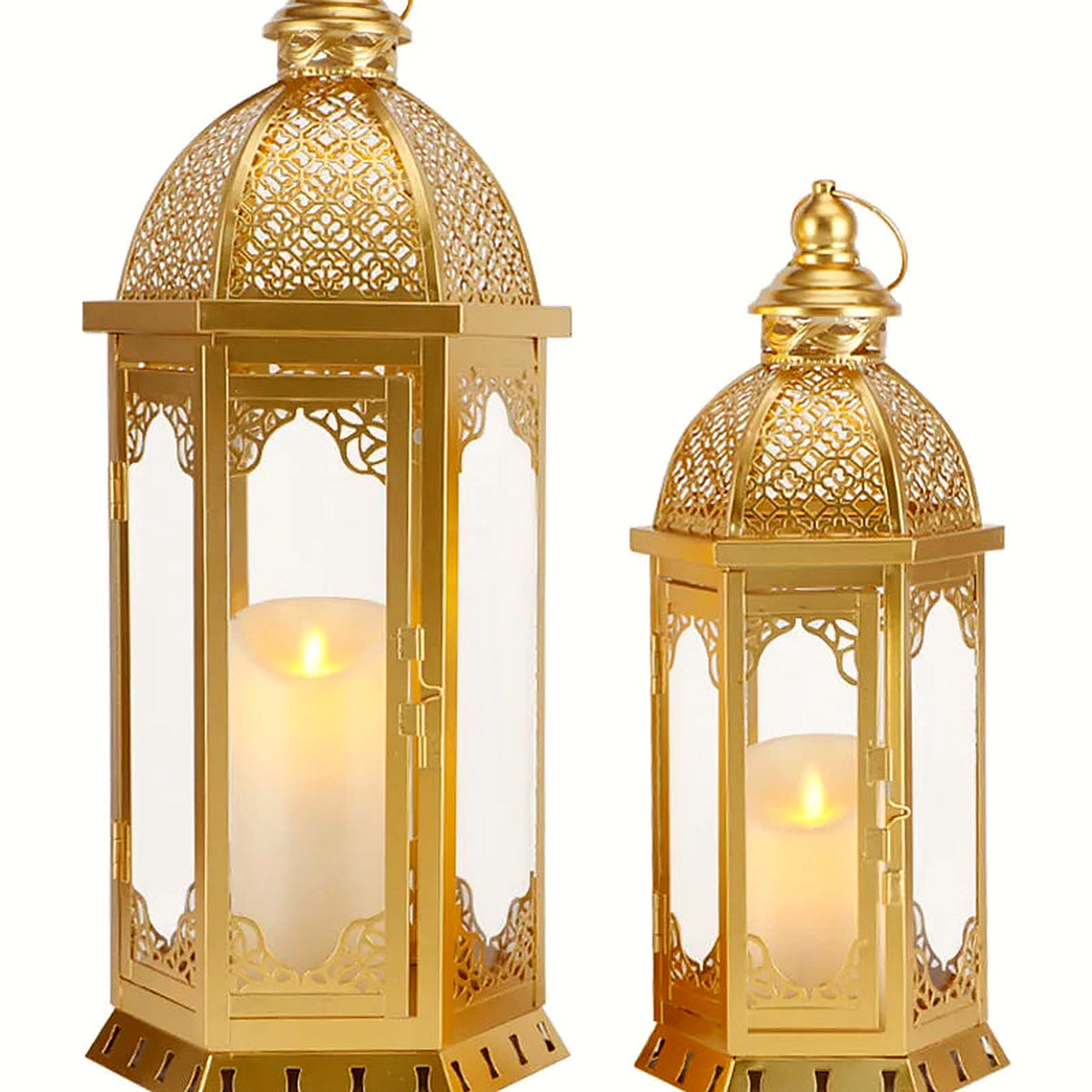 Close-up of the gold Moroccan lantern set of two showing hexagonal glass sides (candles not included)