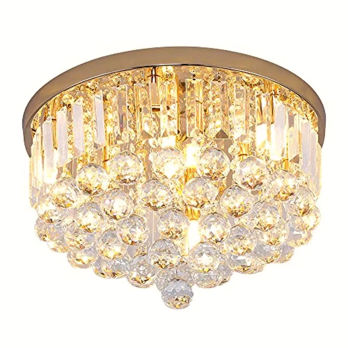 Gold crystal drum flush mount light, 10 in, illuminated on a clean white backdrop