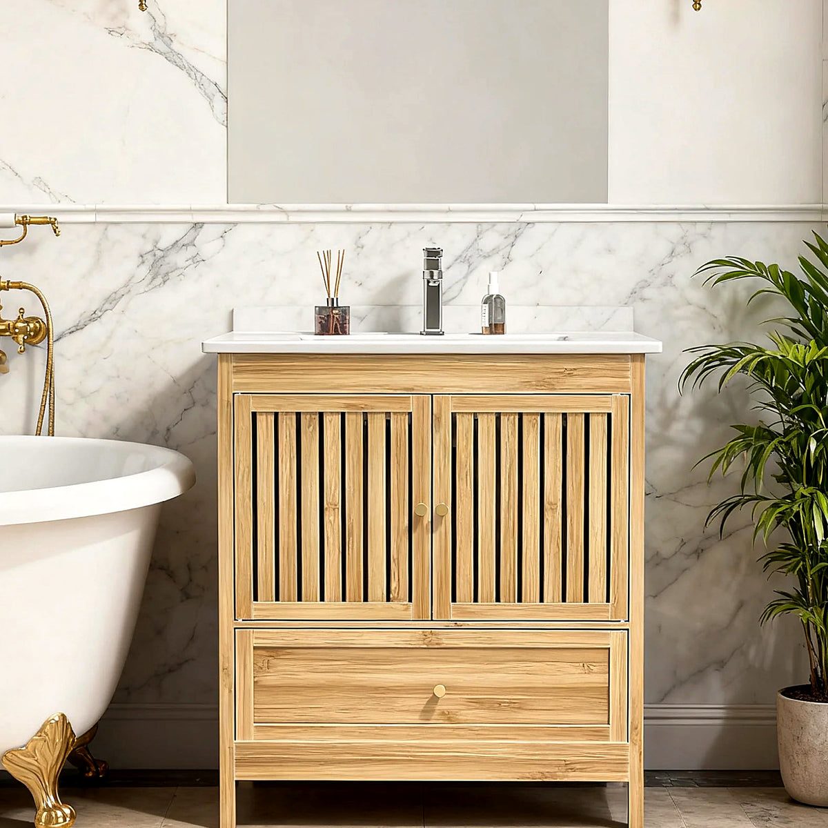 Natural bamboo bathroom vanity with ceramic sink, 30 in (bathtub and décor shown for styling)