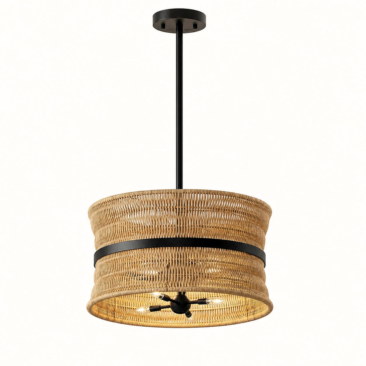 Natural rattan four-light drum pendant, 18 in, with black band on a clean white backdrop