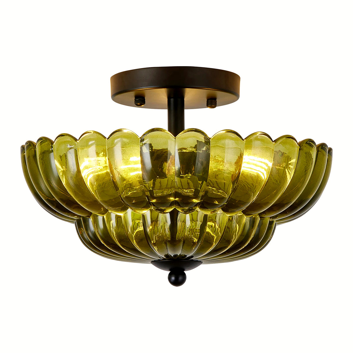 Green petal glass semi-flush ceiling light, 12 in, illuminated on a clean white backdrop