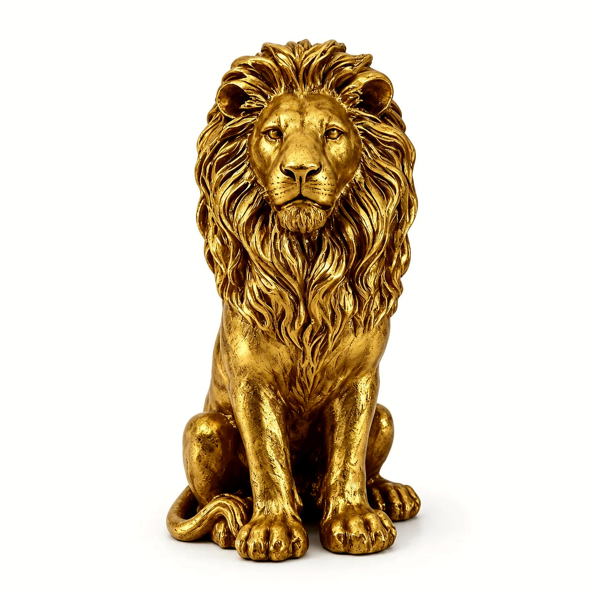 Gold lion statue, 24 in, seated front view on a clean white backdrop