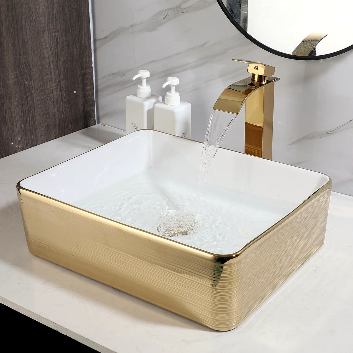 Gold-stripe square ceramic vessel sink with matching gold waterfall faucet