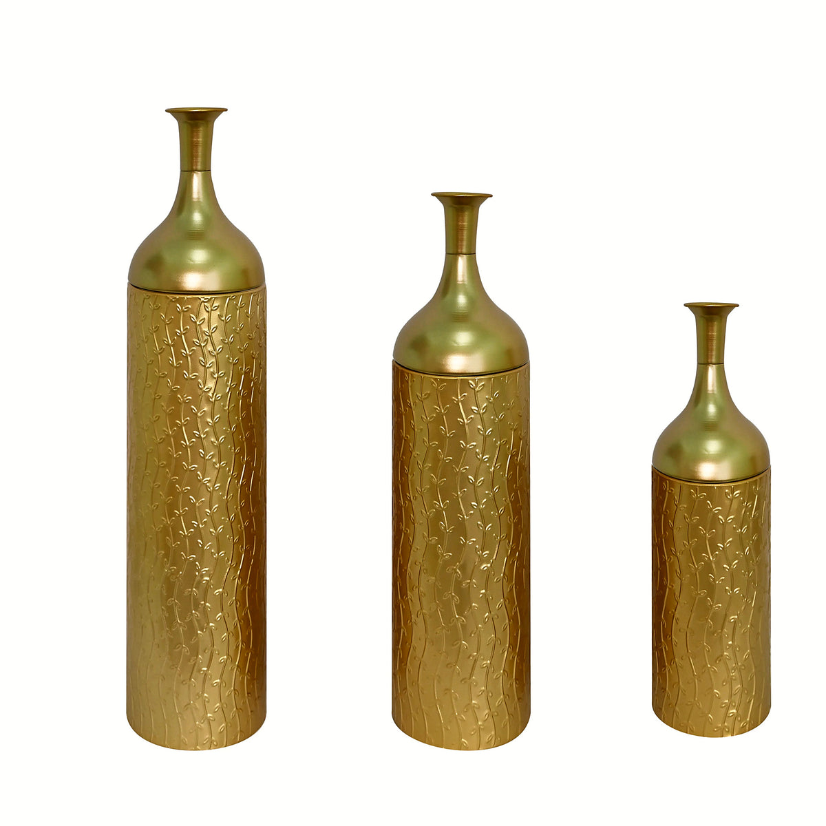 Gold leaf-pattern metal floor vases, set of three graduated sizes, on a clean white backdrop