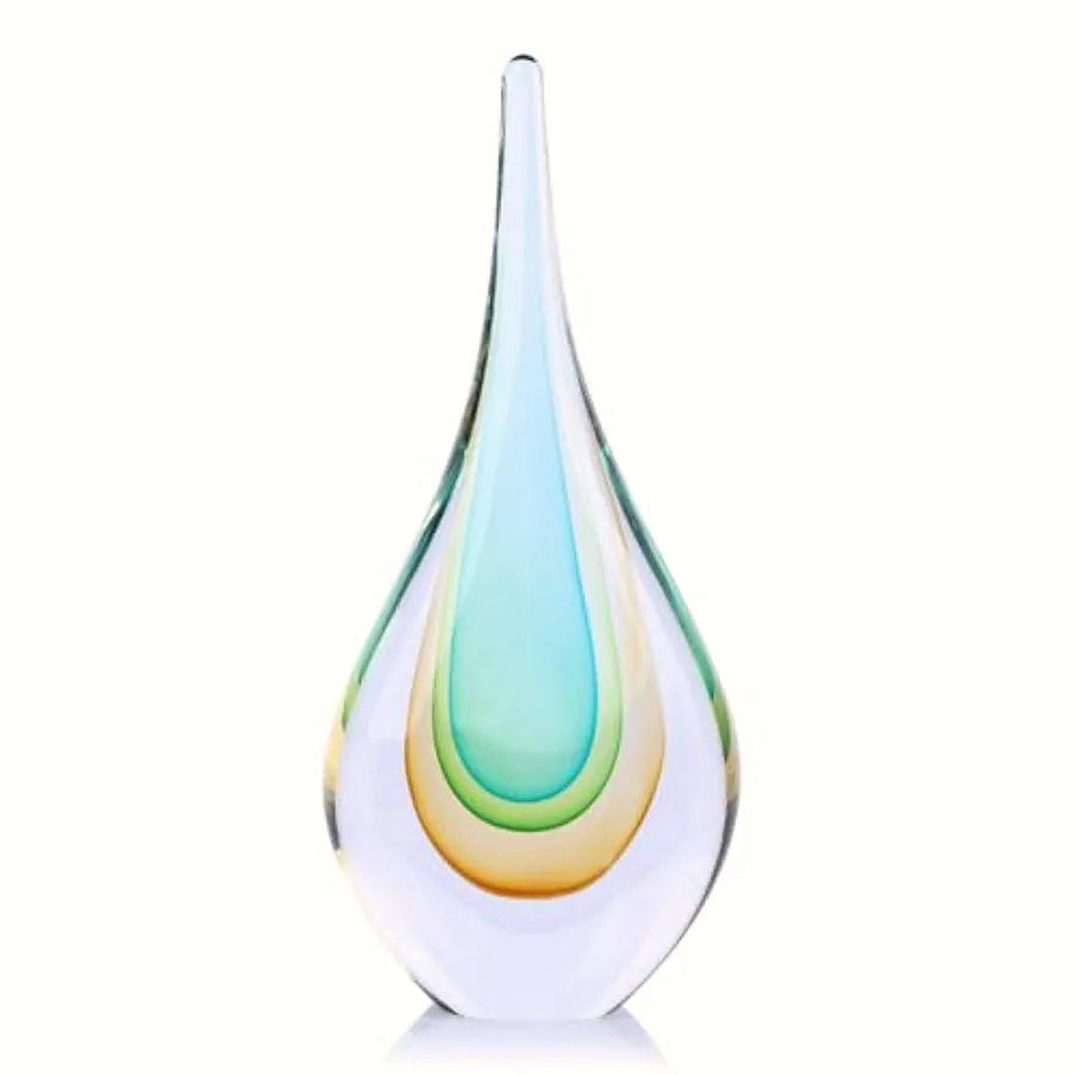 Hand-blown glass teardrop sculpture, 9 in, with teal-to-amber core on a clean white backdrop