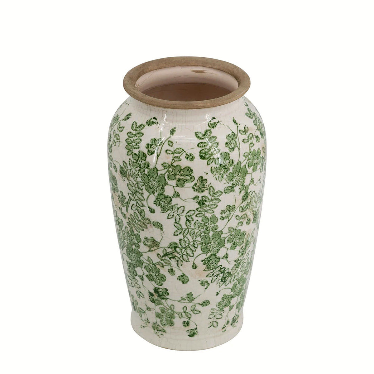 White and green floral ceramic vase, 11.6 in, with crackle glaze and a natural tan rim on a clean white backdrop