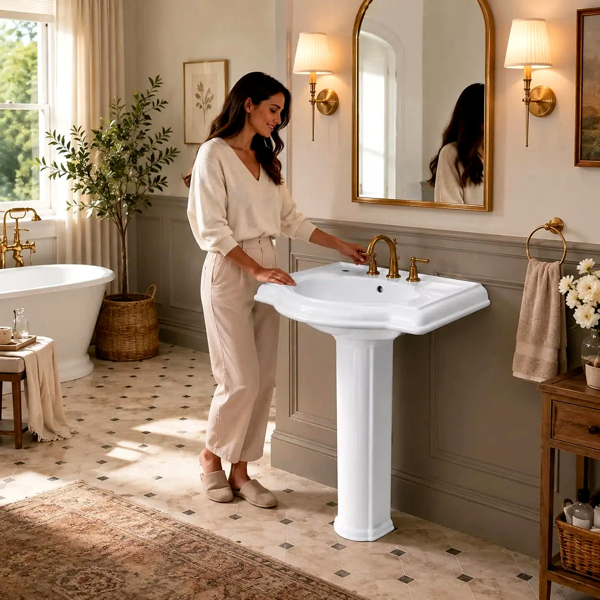 Glossy white pedestal sink in a sunlit bath with a freestanding tub, brass accents and soft patterned flooring