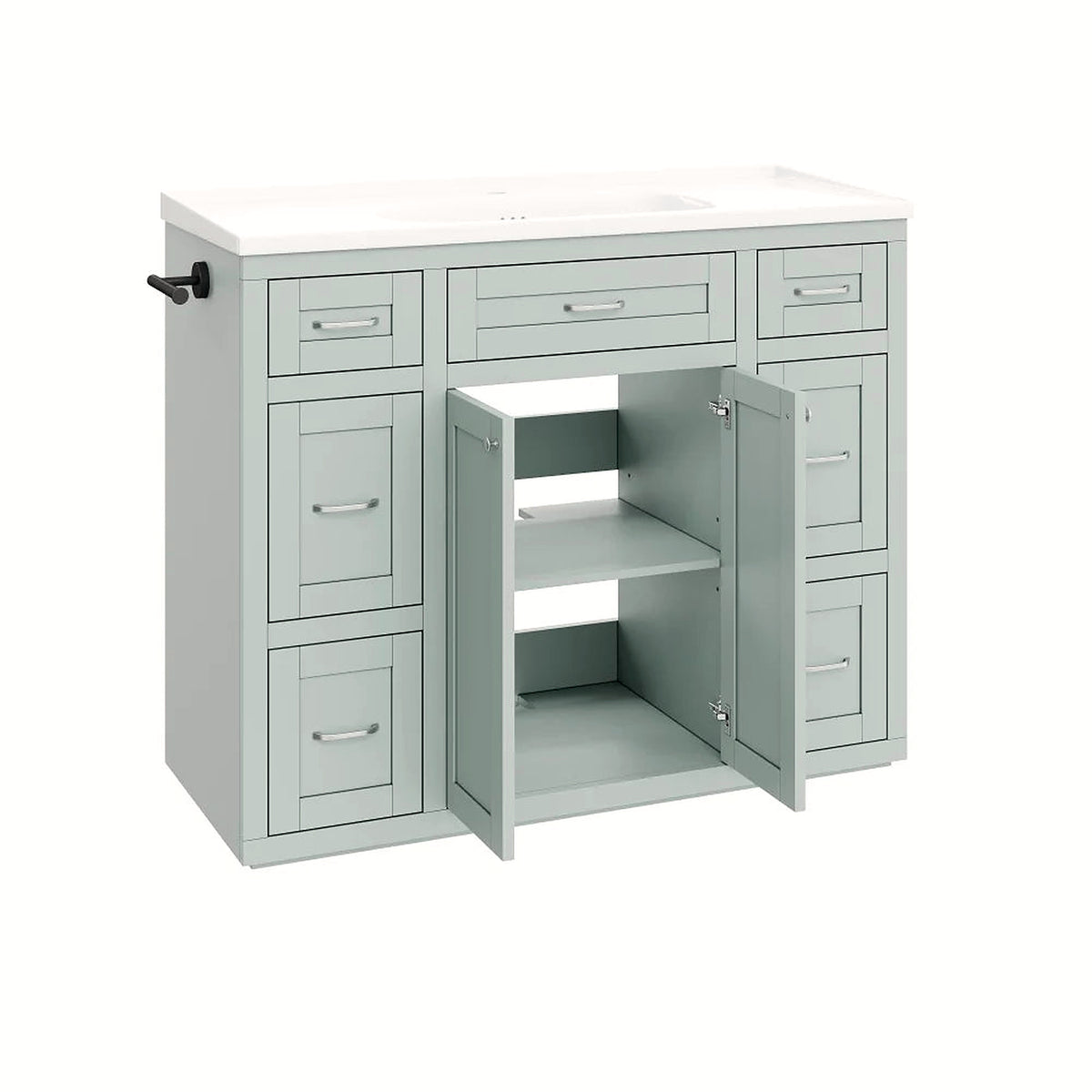 Mint green vanity with cabinet doors open to reveal the interior shelf (faucet not included)