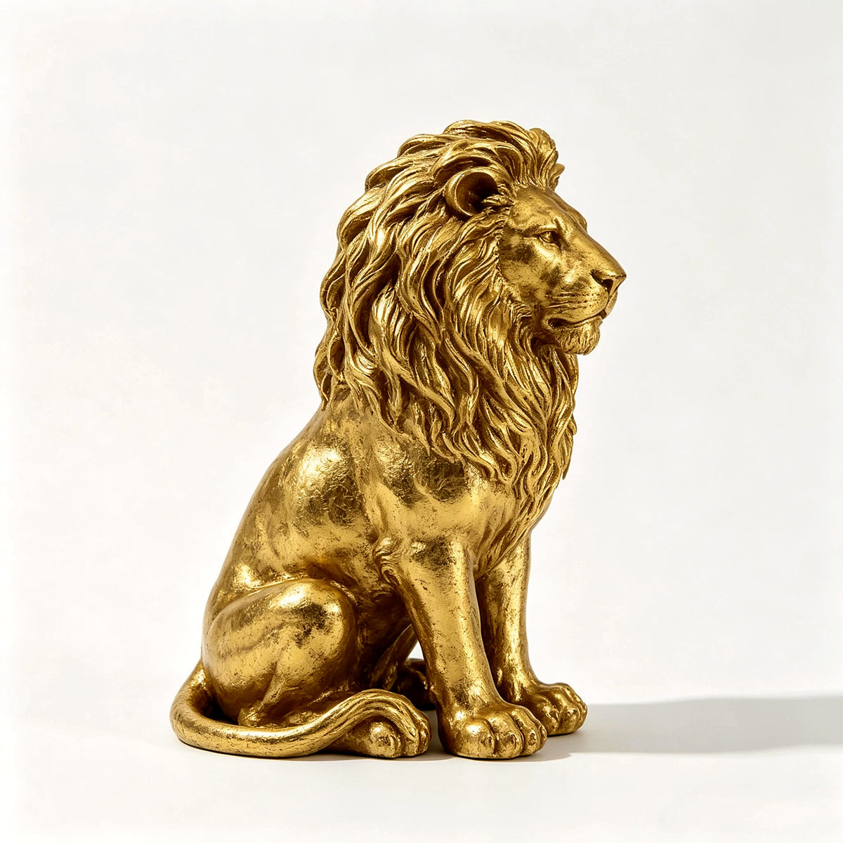 Gold lion statue in profile showing the textured mane and seated pose