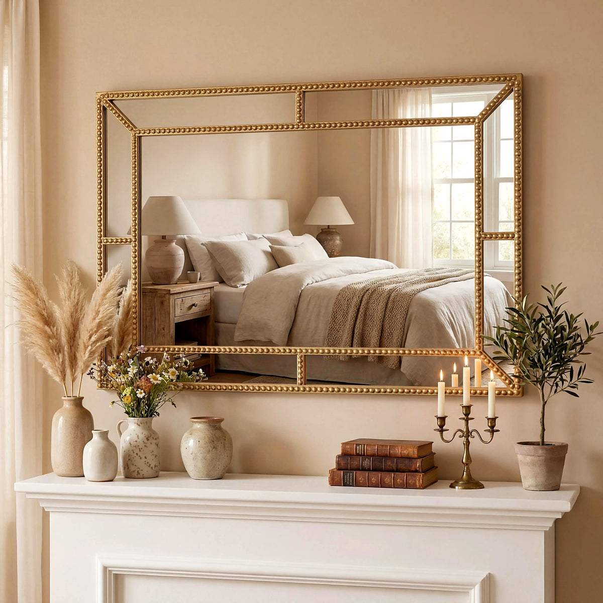Gold beaded rectangular mirror hung horizontally above a white fireplace mantel (bedding, vases and décor shown for styling)