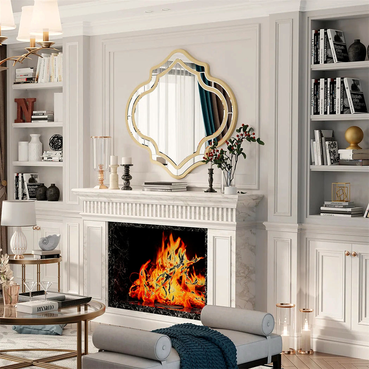 Gold quatrefoil wall mirror above a marble fireplace (fireplace and décor shown for styling)