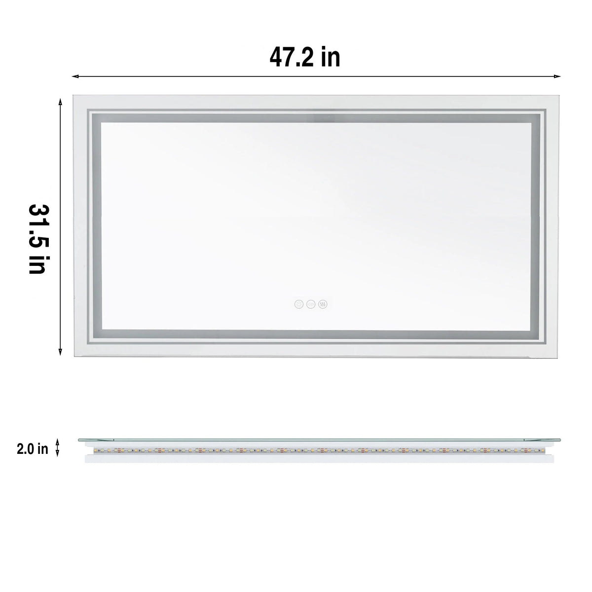 LED bathroom mirror size diagram, 47.2 x 31.5 in
