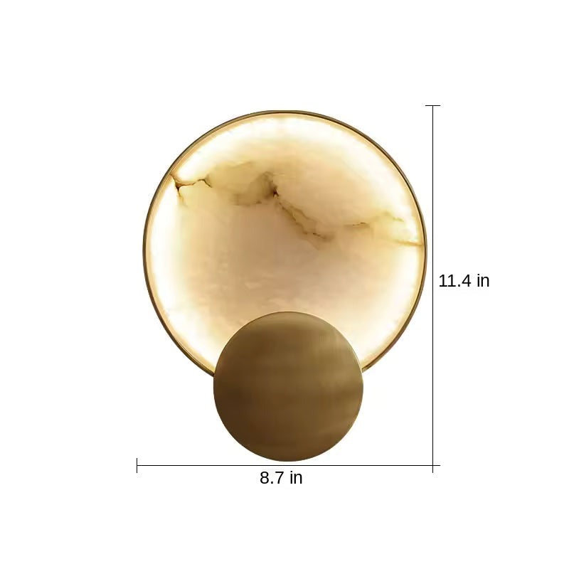 Round marble-look LED wall sconce, Style 1, with dimension labels