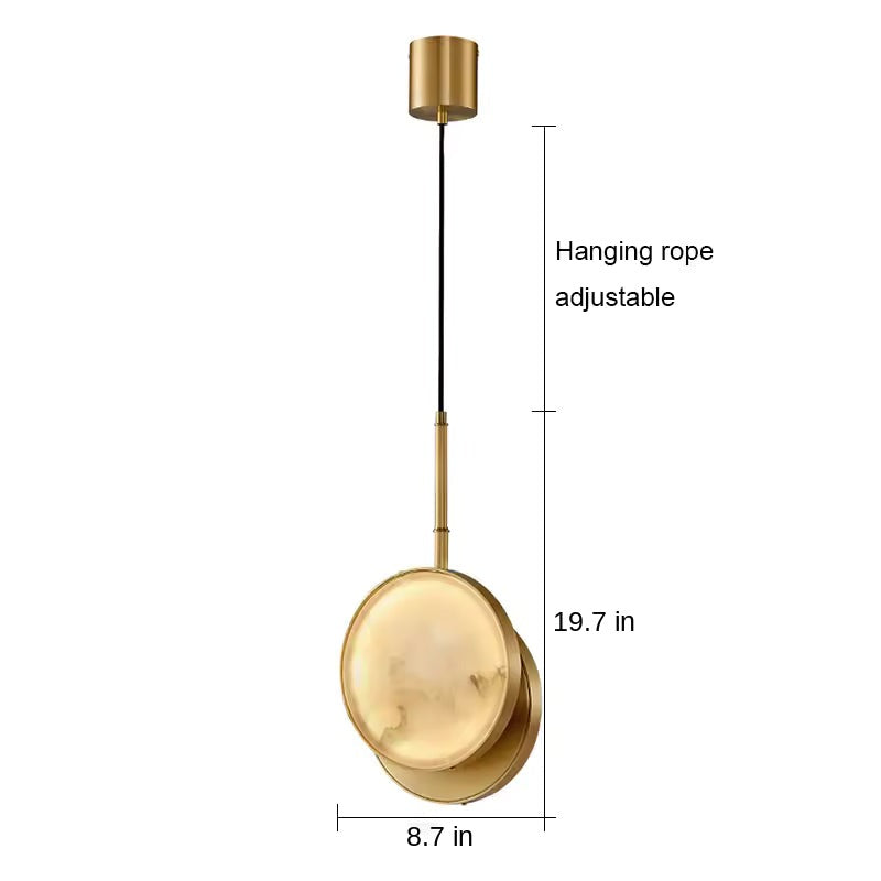 Round marble-look LED hanging pendant, Style 2, with adjustable cord and dimension labels