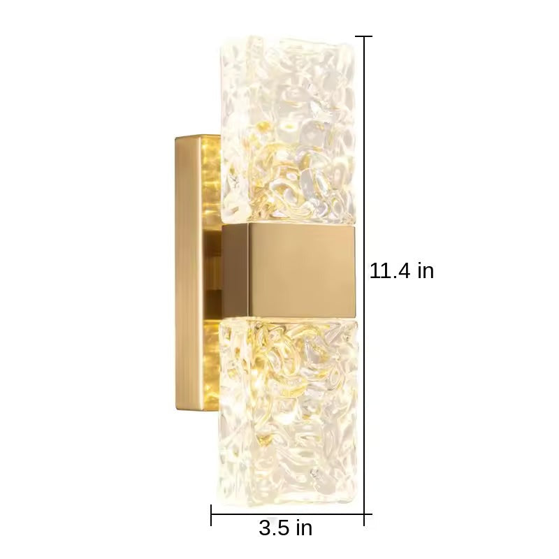 Textured ripple glass LED wall sconce, Style 1, gold frame, with dimension labels