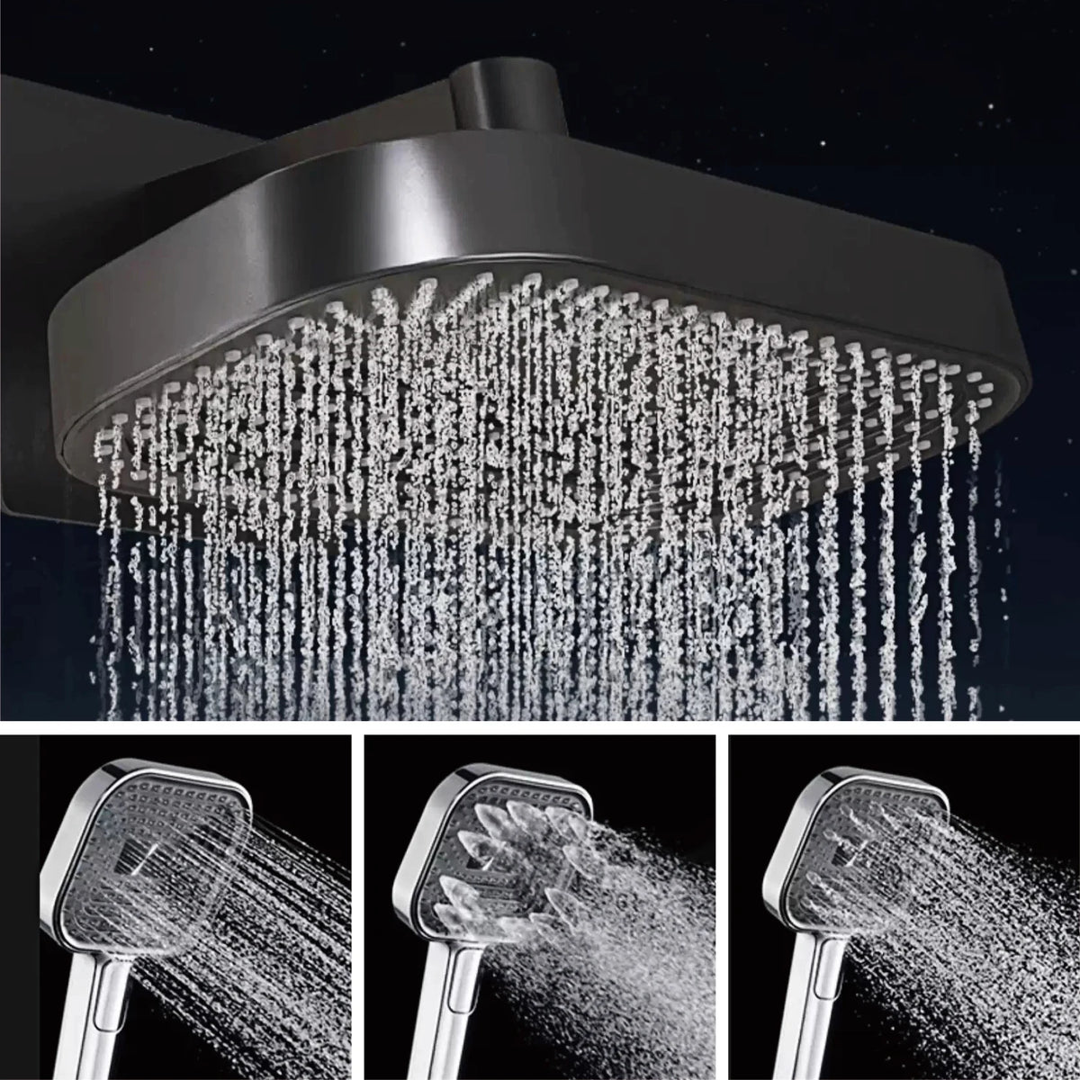 Rainfall shower head with handheld showing three spray modes