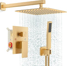 Brushed gold concealed shower system with 10-inch square rain head, valve trim and hand spray