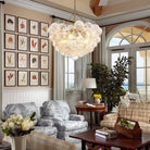 Glass bubble chandelier above a dining table