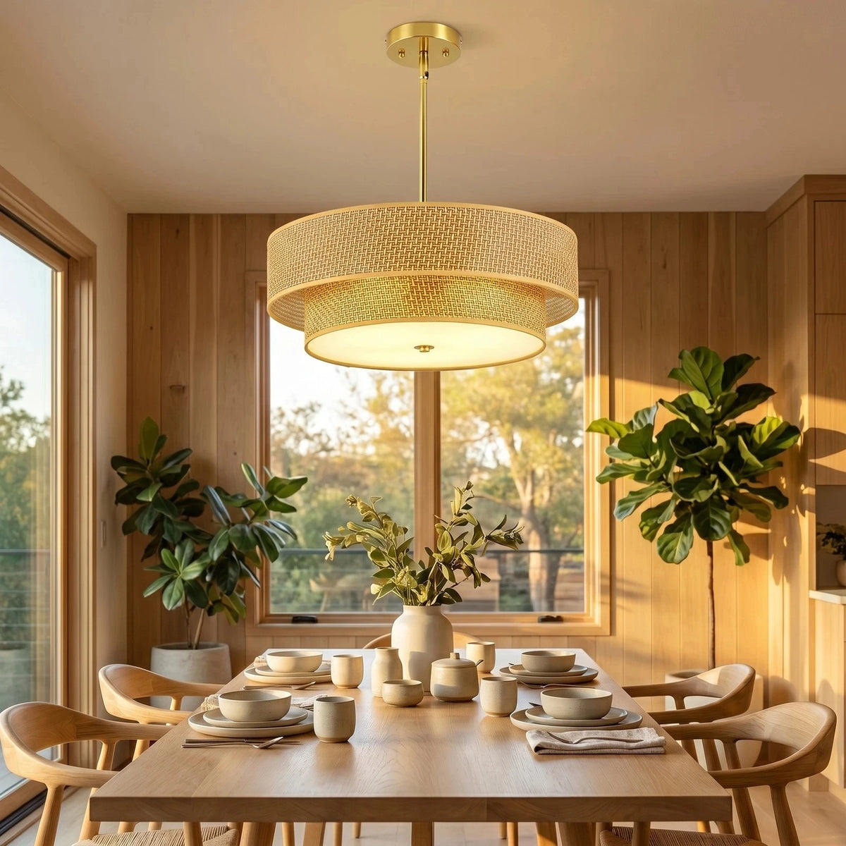 Double-layer woven rattan and linen chandelier hanging over a dining table