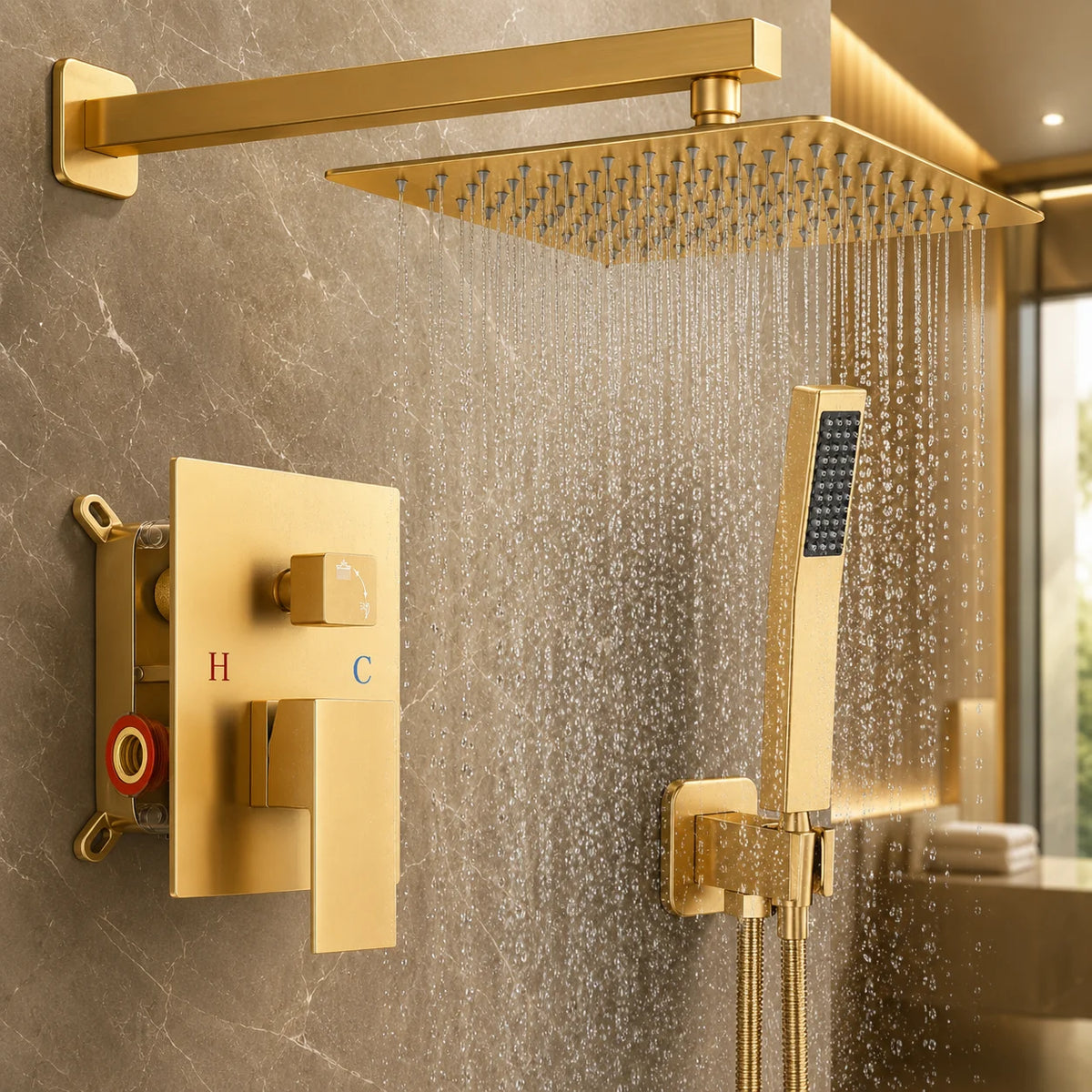 Brushed gold concealed rain shower system with square rain head and hand spray in a stone shower