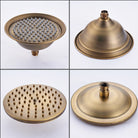 Four views of the antique brass rain shower head, top, underside and nozzle face