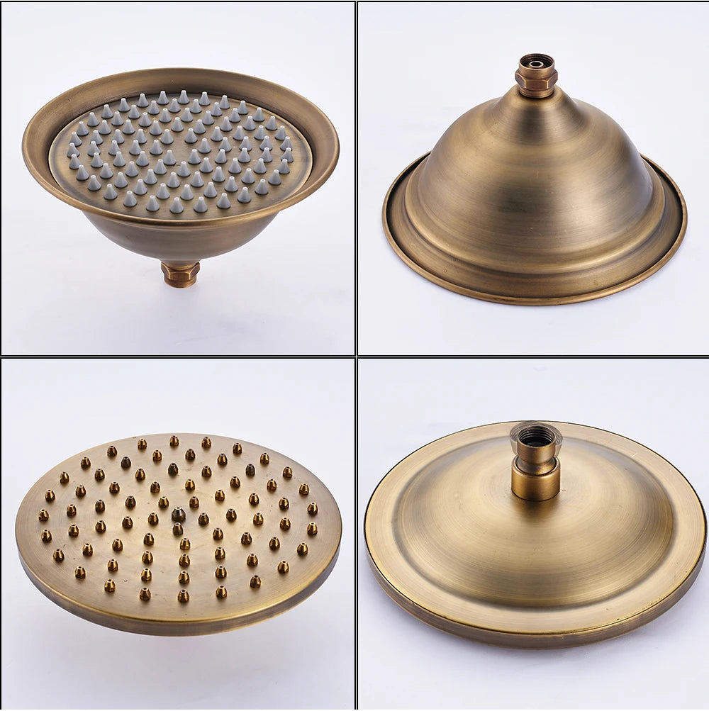 Antique brass rain shower head shown from four angles, highlighting the domed back and nozzles