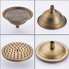 Antique brass rain shower head shown from four angles, highlighting the domed back and nozzles